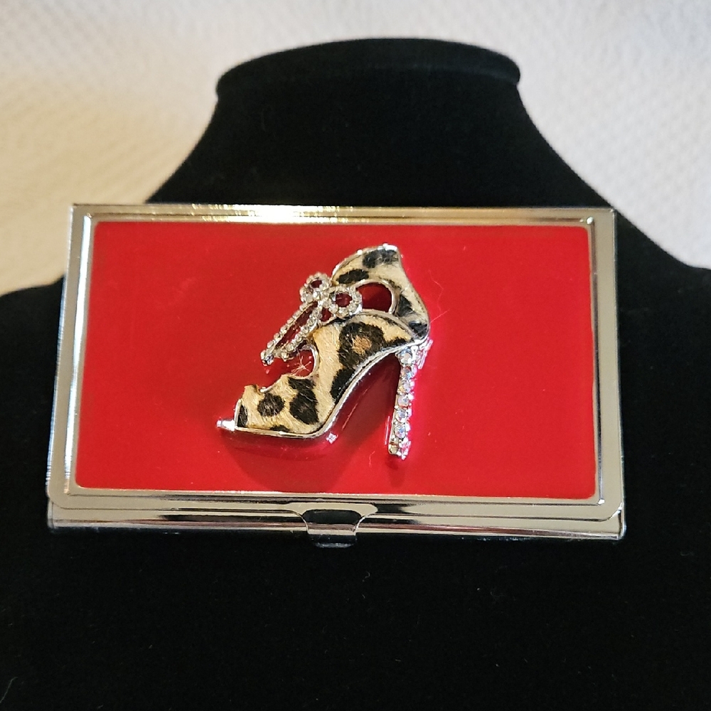 Business Card Holder Red Leopard Print & Rinestine Shoe